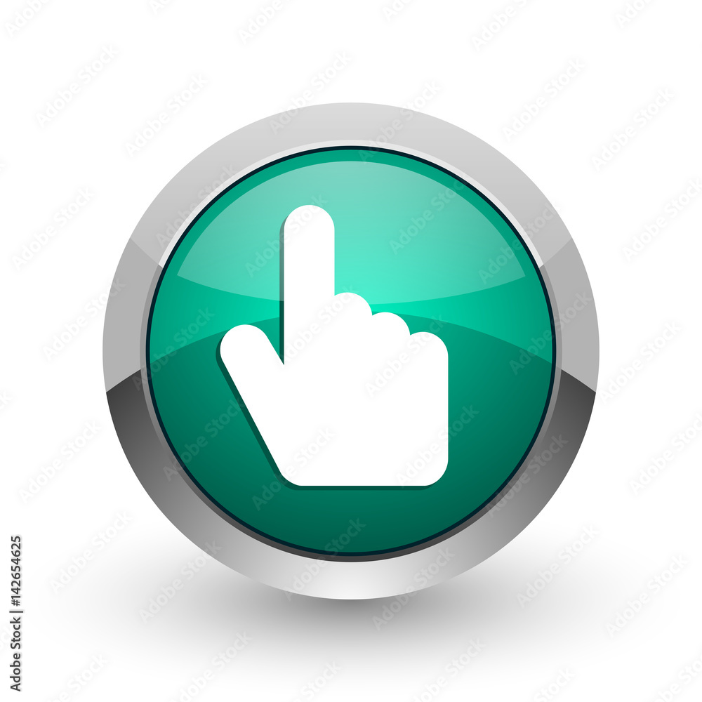 Poster Hand, cursor silver metallic chrome web design green round internet icon with shadow on white background.