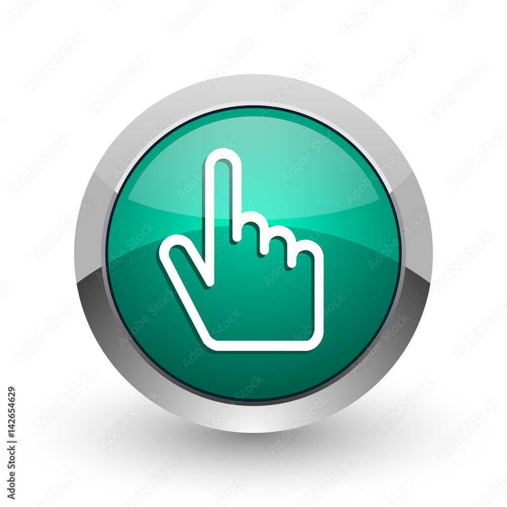 Poster Cursor hand silver metallic chrome web design green round internet icon with shadow on white background.
