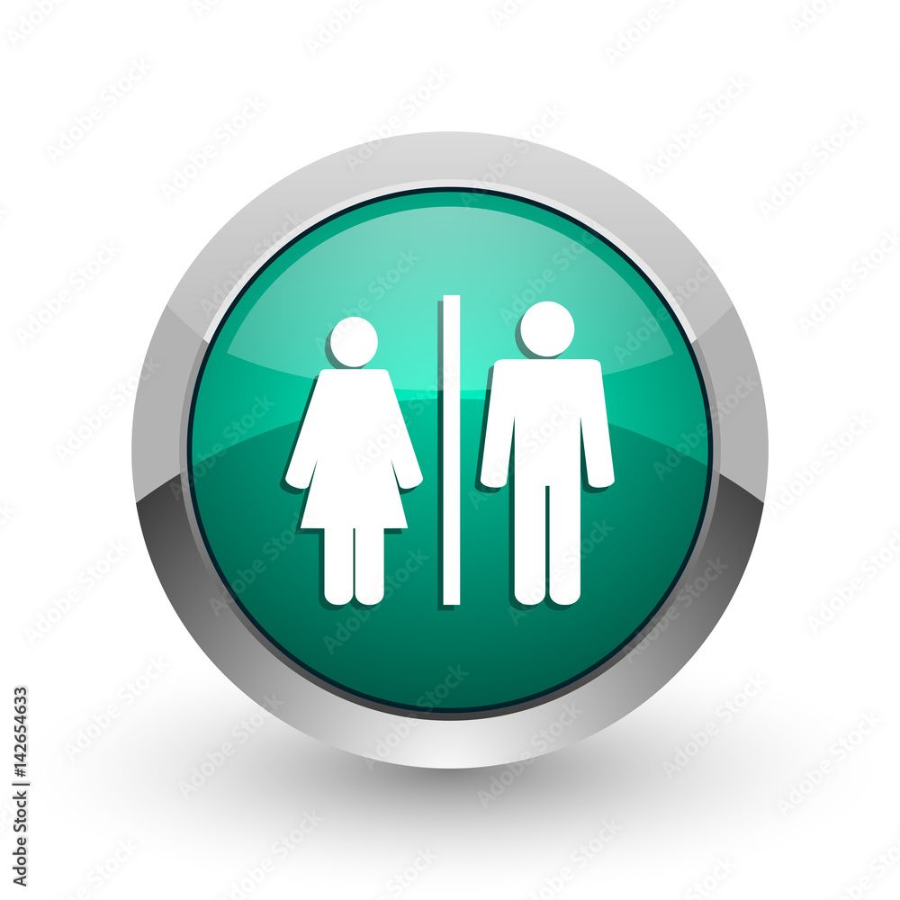 Poster man and woman silver metallic chrome web design green round internet icon with shadow on white backg
