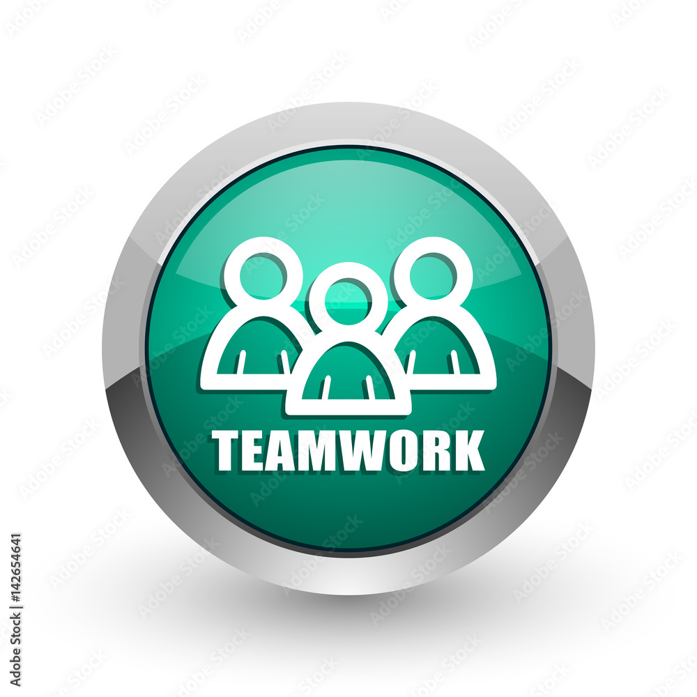 Poster teamwork silver metallic chrome web design green round internet icon with shadow on white background