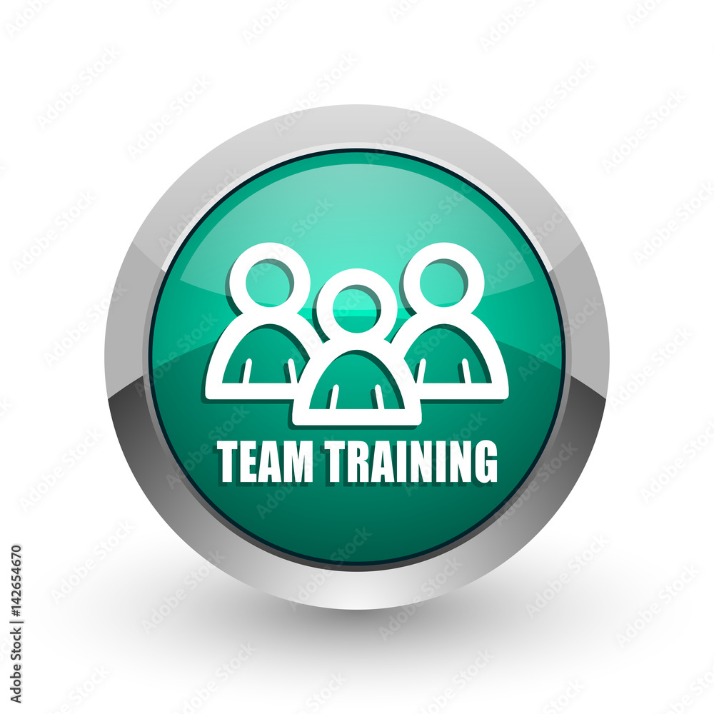 Poster team training silver metallic chrome web design green round internet icon with shadow on white backg
