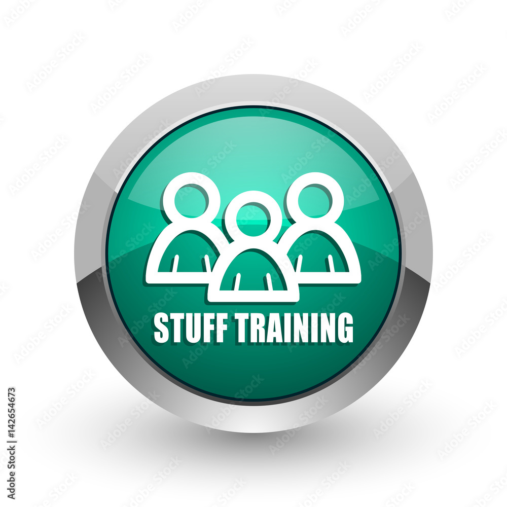 Poster stuff training silver metallic chrome web design green round internet icon with shadow on white back
