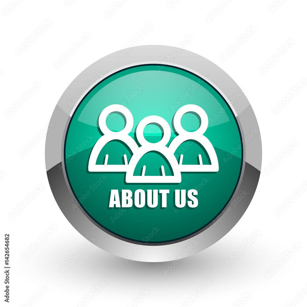 Poster about us silver metallic chrome web design green round internet icon with shadow on white background