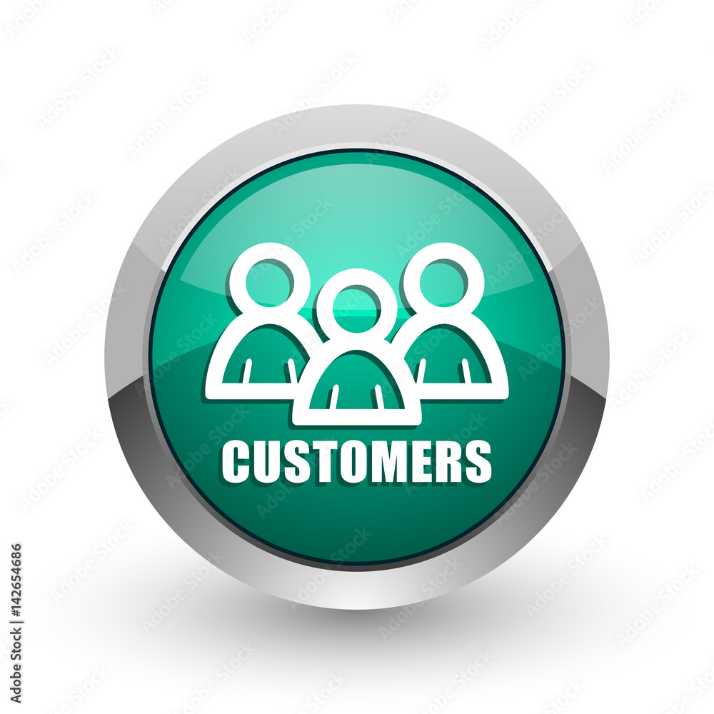Poster customers silver metallic chrome web design green round internet icon with shadow on white backgroun