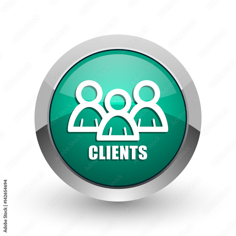 Poster Clients silver metallic chrome web design green round internet icon with shadow on white background.