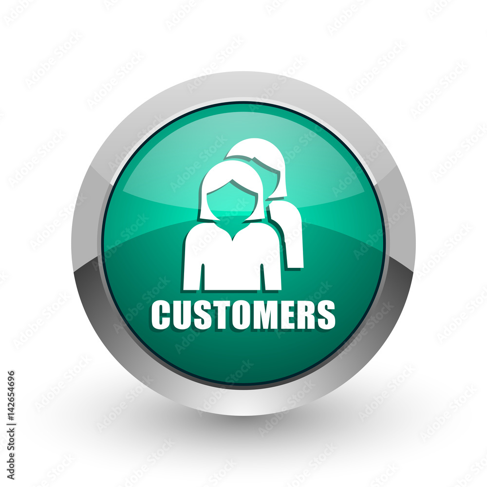 Poster customers silver metallic chrome web design green round internet icon with shadow on white backgroun