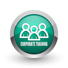 Corporate training silver metallic chrome web design green round internet icon with shadow on white background.