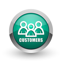 Customers silver metallic chrome web design green round internet icon with shadow on white background.