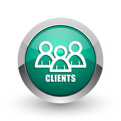 Clients silver metallic chrome web design green round internet icon with shadow on white background.
