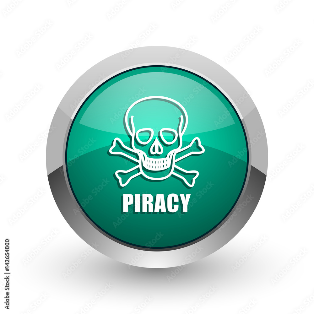 Aufkleber Piracy skull silver metallic chrome web design green round internet icon with shadow on white background.