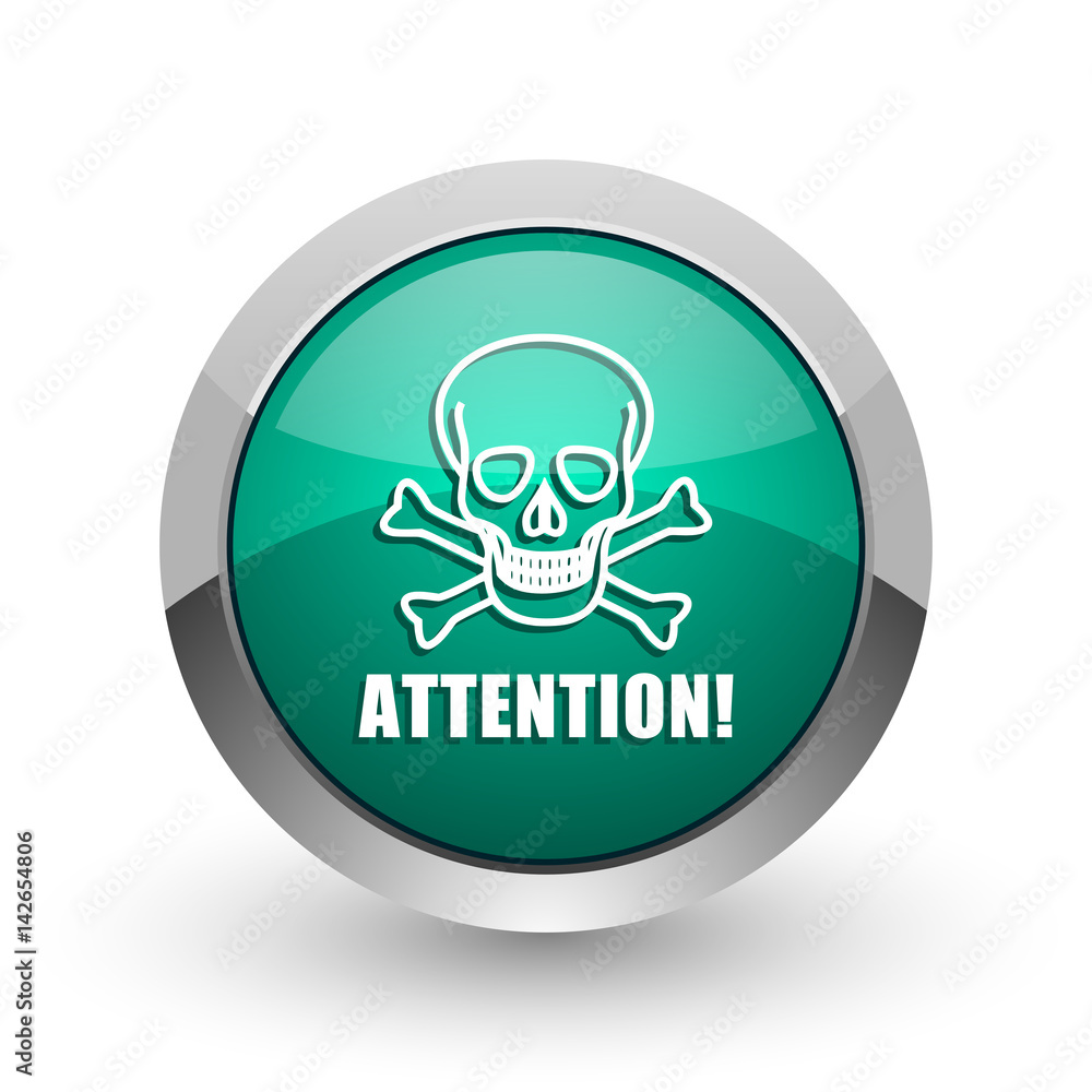 Aufkleber attention skull silver metallic chrome web design green round internet icon with shadow on white bac