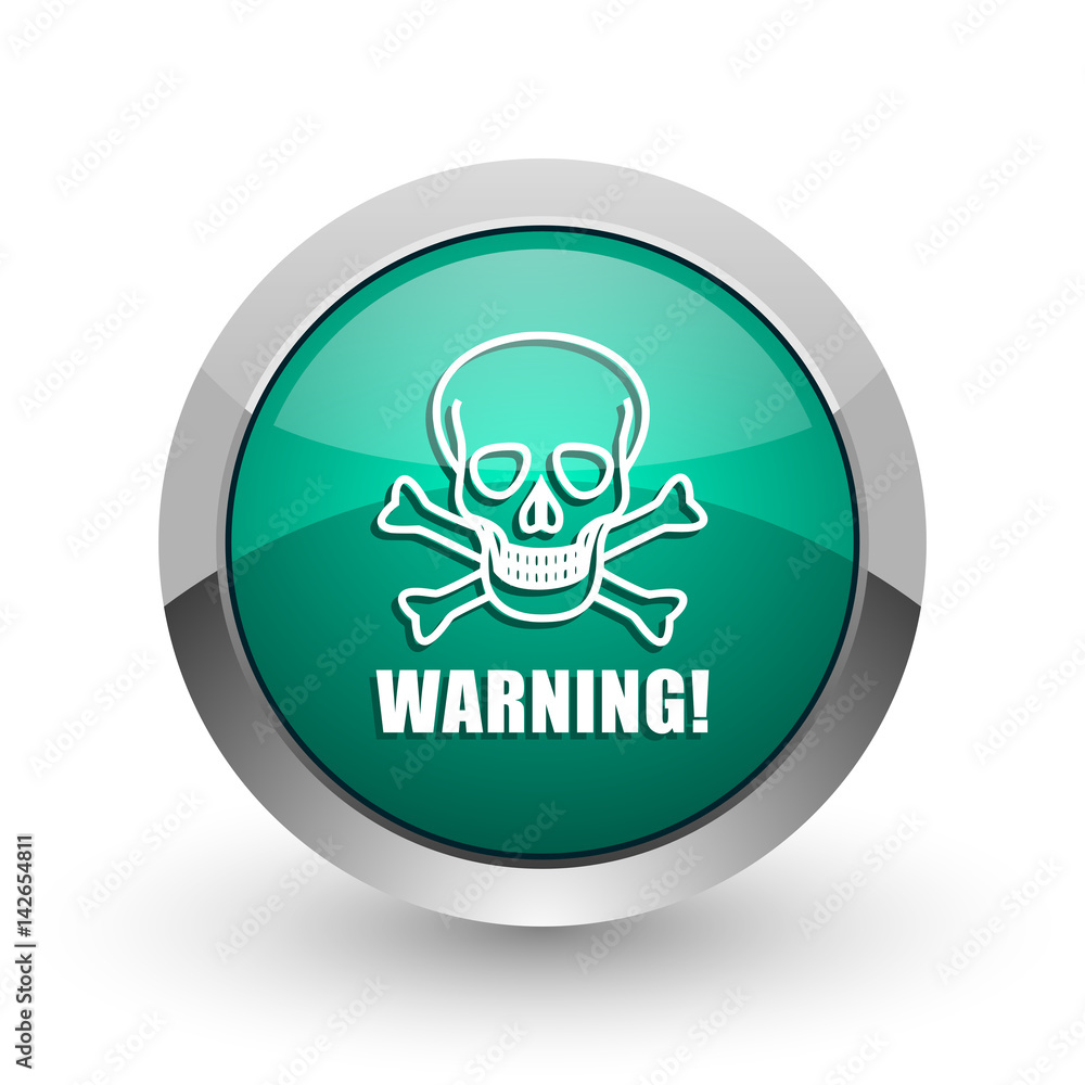 Poster warning skull silver metallic chrome web design green round internet icon with shadow on white backg