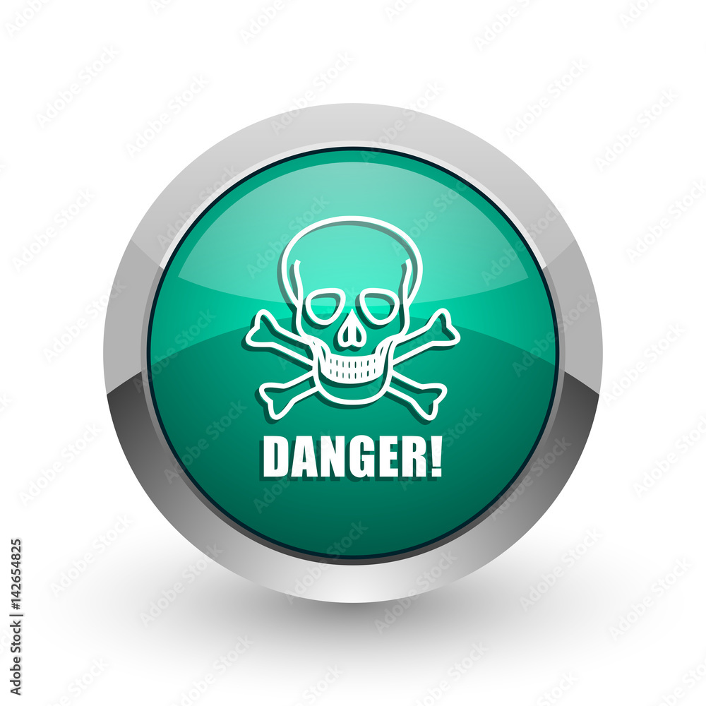Poster danger skull silver metallic chrome web design green round internet icon with shadow on white backgr