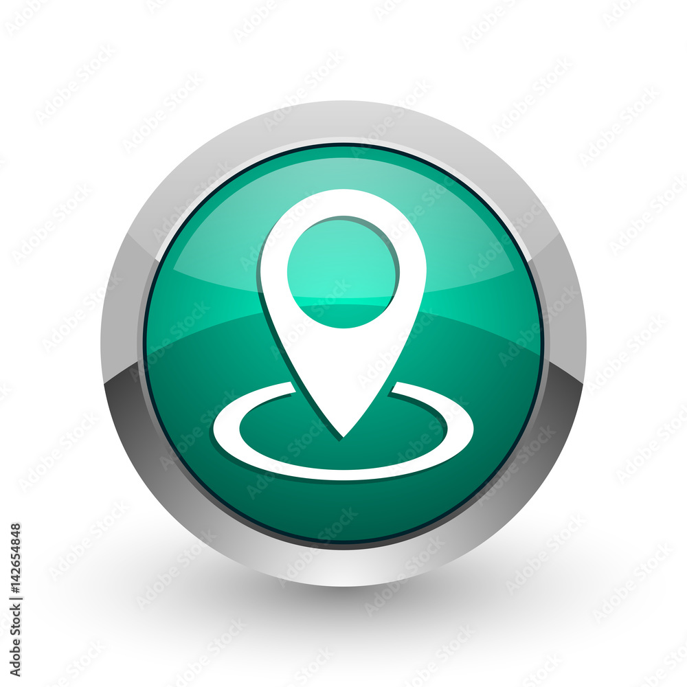 Leinwandbilder pointer silver metallic chrome web design green round internet icon with shadow on white background.