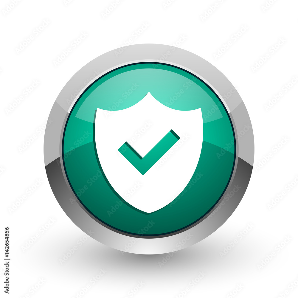 Aufkleber shield silver metallic chrome web design green round internet icon with shadow on white background.