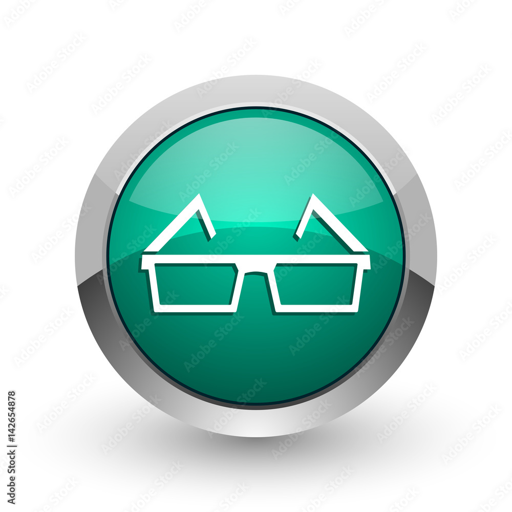 Poster 3d glasses silver metallic chrome web design green round internet icon with shadow on white backgrou