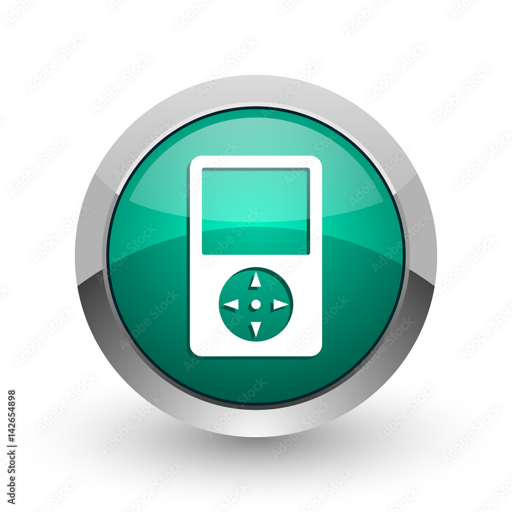 Poster Multimedia player silver metallic chrome web design green round internet icon with shadow on white background.