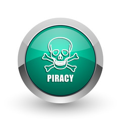 Piracy skull silver metallic chrome web design green round internet icon with shadow on white background.