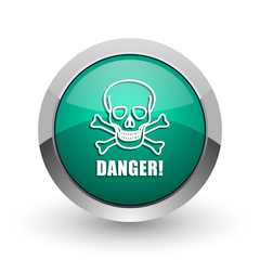 Danger skull silver metallic chrome web design green round internet icon with shadow on white background.