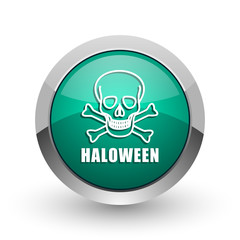 Haloween skull silver metallic chrome web design green round internet icon with shadow on white background.
