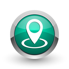 Pointer silver metallic chrome web design green round internet icon with shadow on white background.