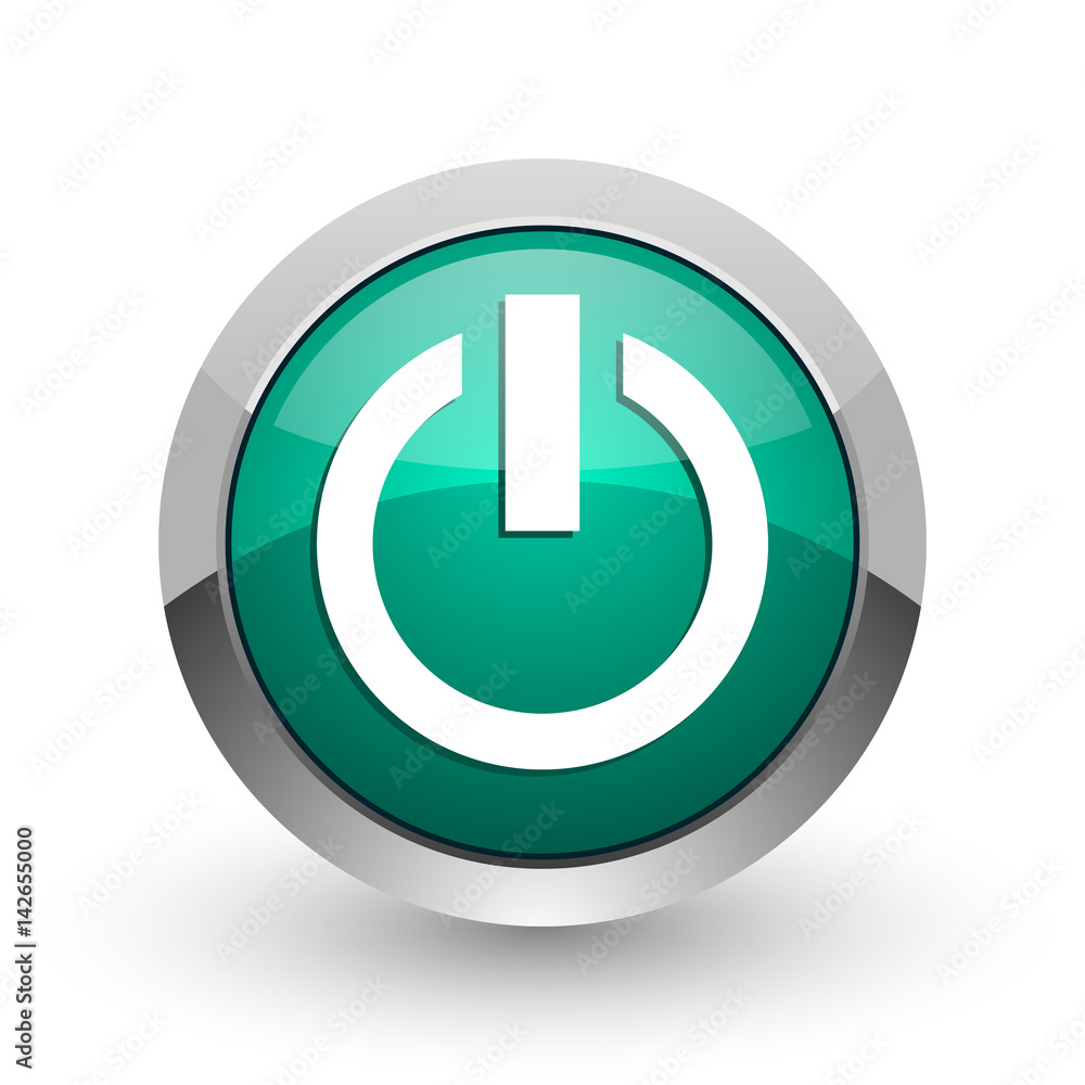 Aufkleber Power silver metallic chrome web design green round internet icon with shadow on white background.