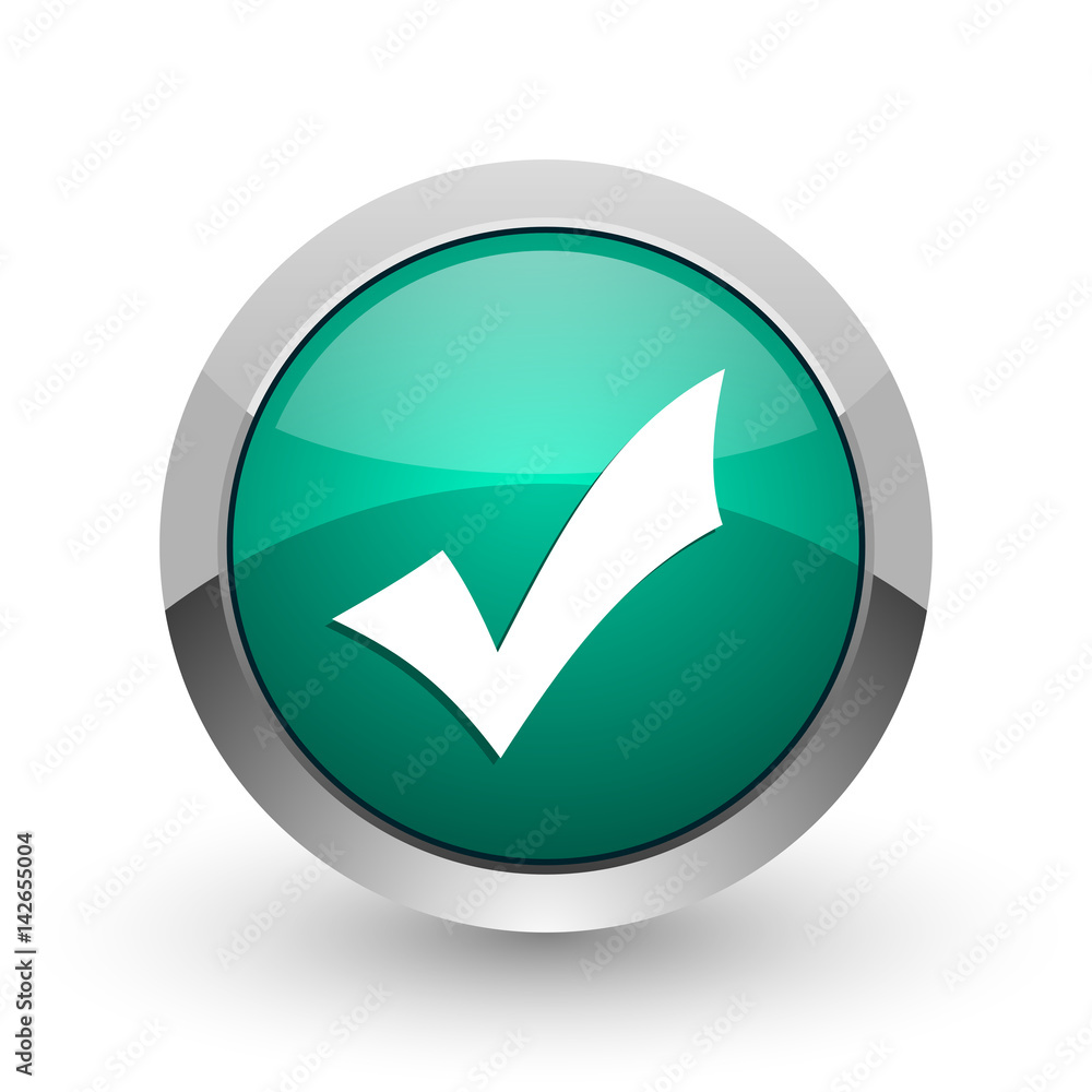 Aufkleber Accept silver metallic chrome web design green round internet icon with shadow on white background.