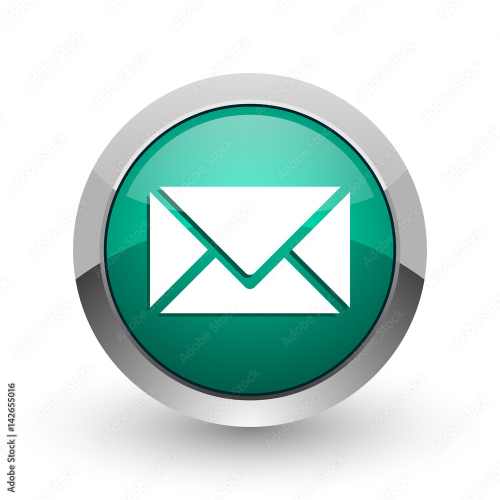 Aufkleber Email silver metallic chrome web design green round internet icon with shadow on white background.