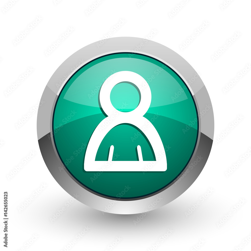 Poster person silver metallic chrome web design green round internet icon with shadow on white background.