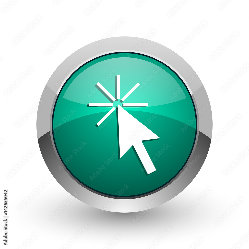 Poster click here silver metallic chrome web design green round internet icon with shadow on white backgrou