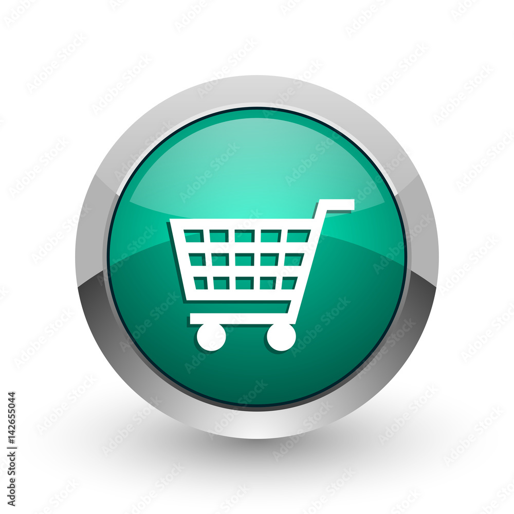 Poster cart silver metallic chrome web design green round internet icon with shadow on white background.
