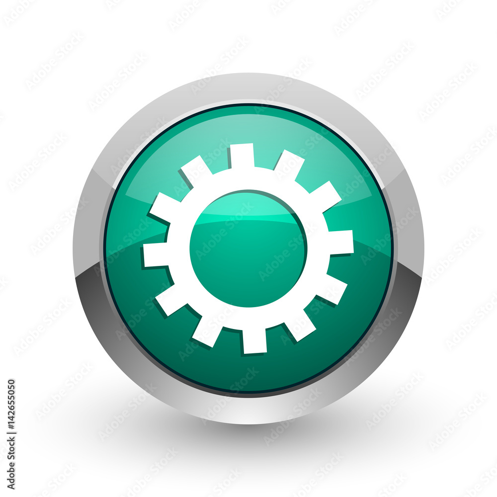 Poster gear silver metallic chrome web design green round internet icon with shadow on white background.