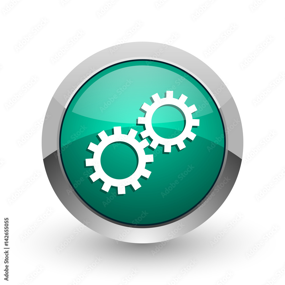 Poster gear silver metallic chrome web design green round internet icon with shadow on white background.