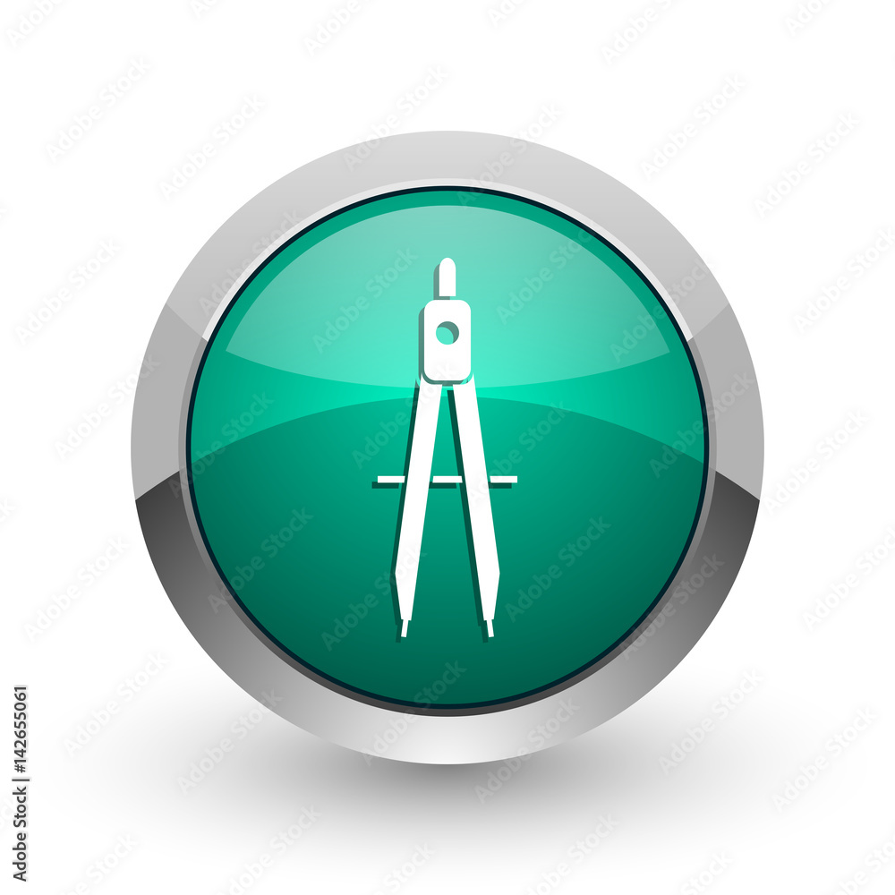 Poster Learning silver metallic chrome web design green round internet icon with shadow on white background.