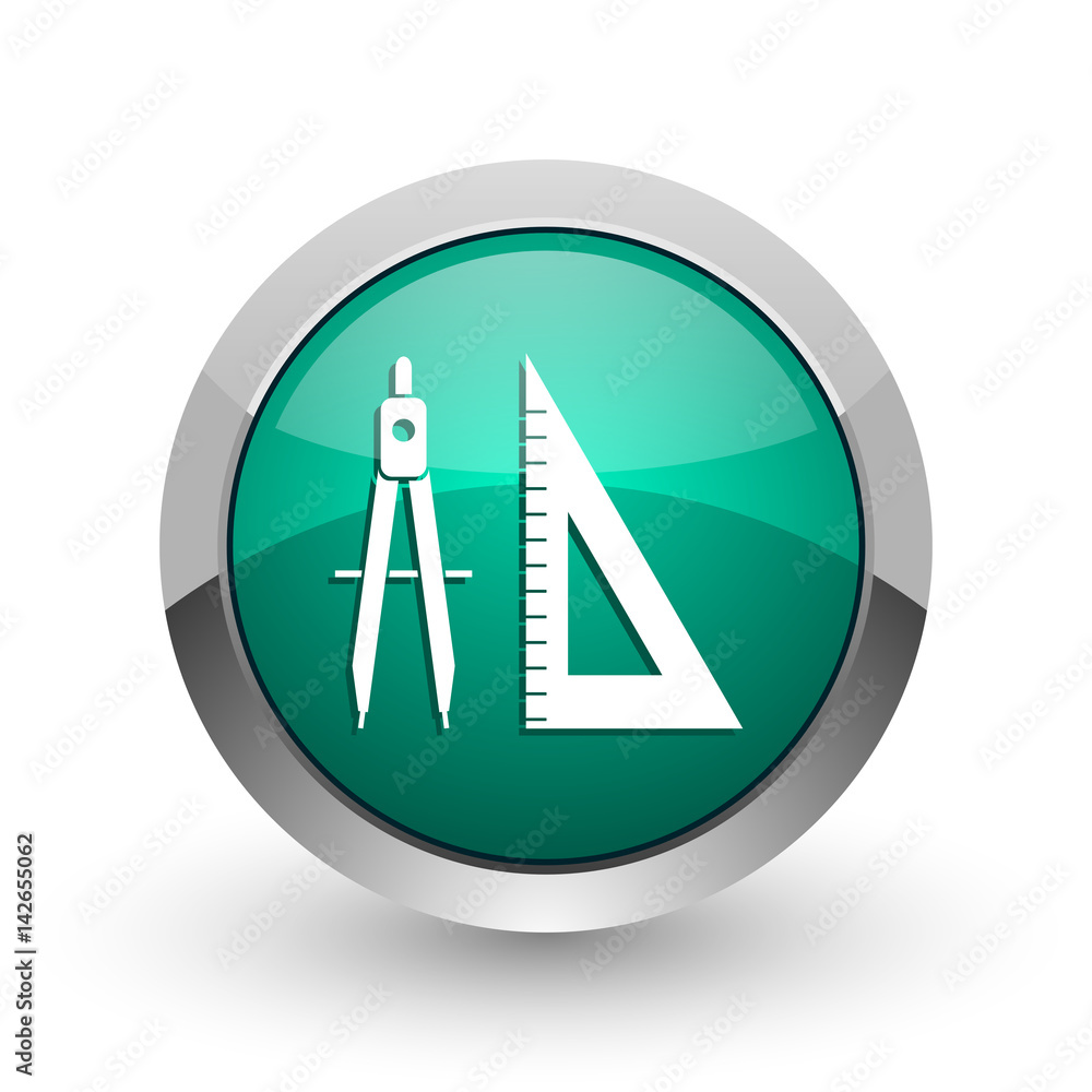 Poster Learning silver metallic chrome web design green round internet icon with shadow on white background.