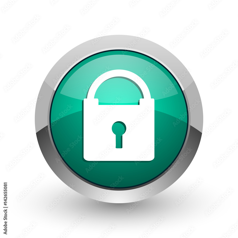 Aufkleber padlock silver metallic chrome web design green round internet icon with shadow on white background.