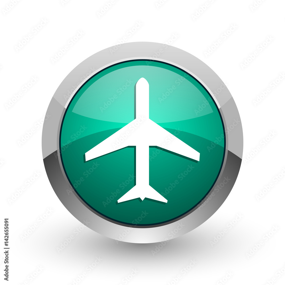 Poster plane silver metallic chrome web design green round internet icon with shadow on white background.