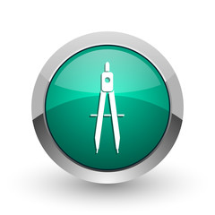 Learning silver metallic chrome web design green round internet icon with shadow on white background.