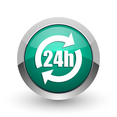 24h silver metallic chrome web design green round internet icon with shadow on white background.
