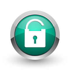 Padlock silver metallic chrome web design green round internet icon with shadow on white background.