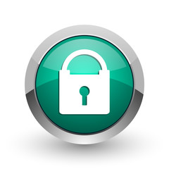 Padlock silver metallic chrome web design green round internet icon with shadow on white background.