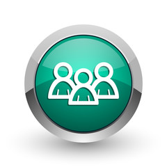 Forum silver metallic chrome web design green round internet icon with shadow on white background.