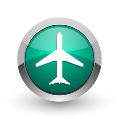 Plane silver metallic chrome web design green round internet icon with shadow on white background.