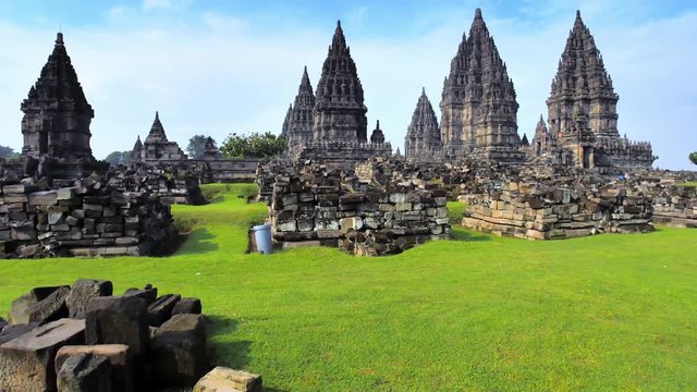 Prambanan temple amazing ancient architecture view. Historical complex and religious landmark of central Java, Indonesia