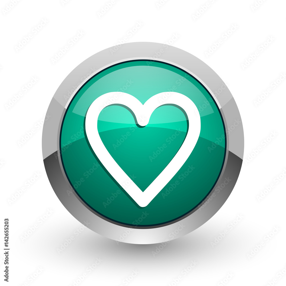 Poster heart silver metallic chrome web design green round internet icon with shadow on white background.