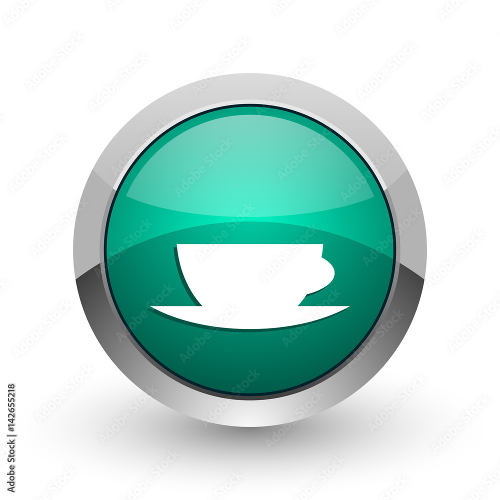 Poster Espresso silver metallic chrome web design green round internet icon with shadow on white background.