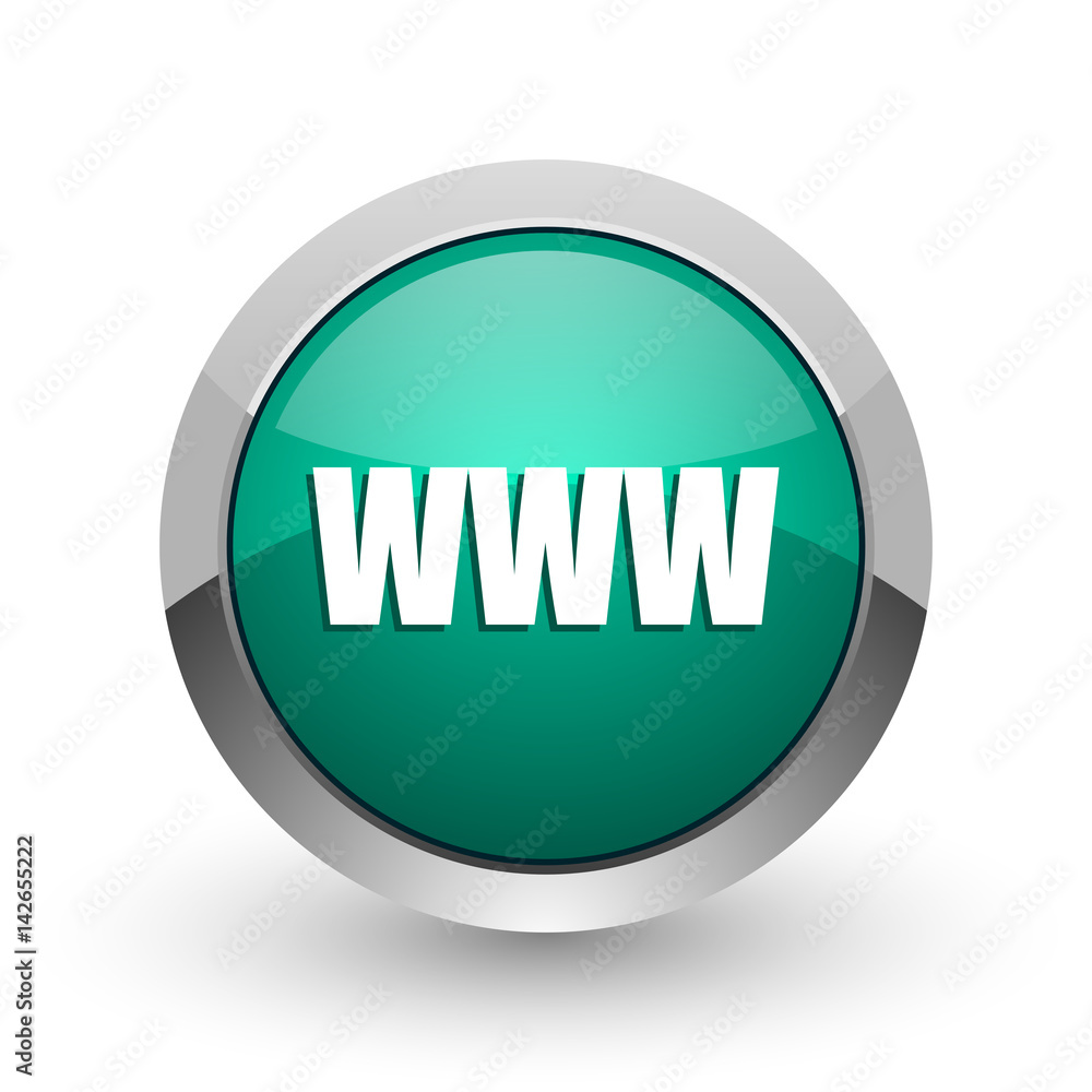Aufkleber www silver metallic chrome web design green round internet icon with shadow on white background.