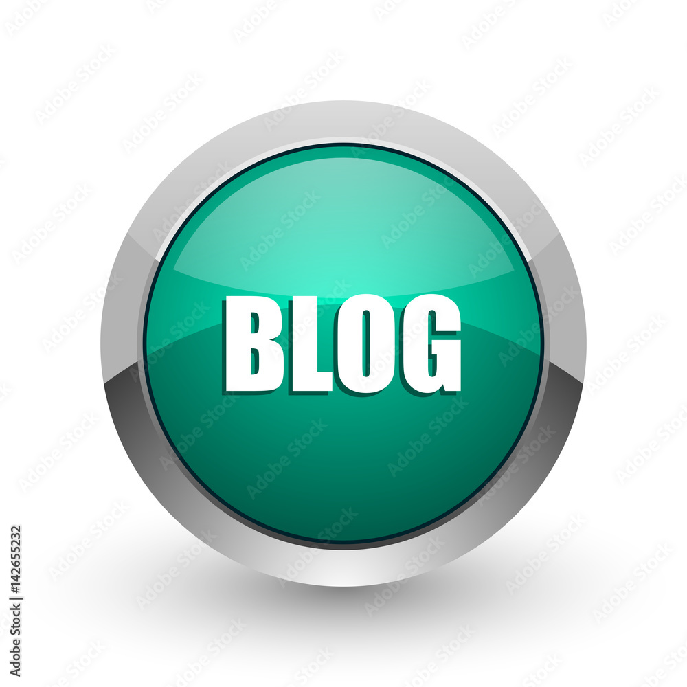 Aufkleber blog silver metallic chrome web design green round internet icon with shadow on white background.