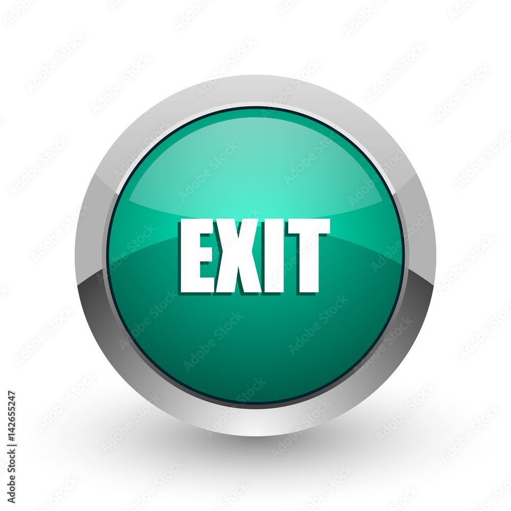 Leinwandbilder Exit silver metallic chrome web design green round internet icon with shadow on white background.