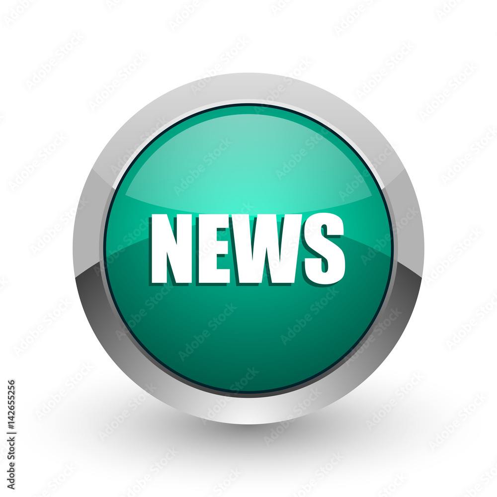 Poster news silver metallic chrome web design green round internet icon with shadow on white background.